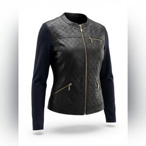 Joseph Ribkoff Black Quilted Moto Jacket Gold Zippers Size 8